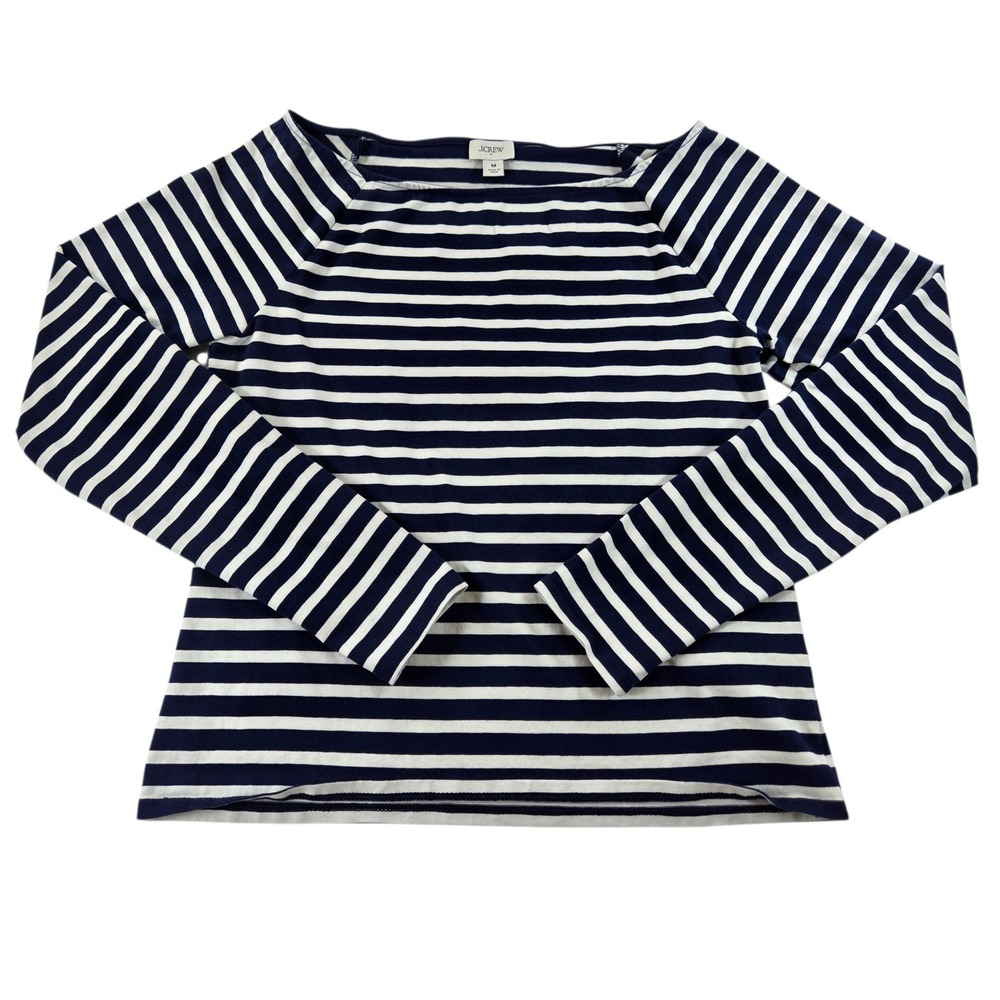 J.Crew Womens Medium Navy Blue White Striped Boat Neck Raglan Long Sleeve Top